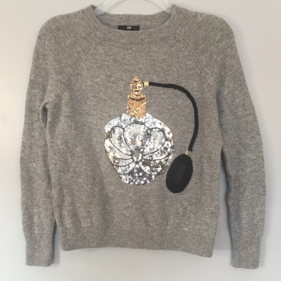 H&M Grey Sequin Perfume Bottle Holiday Sweater XS - Picture 4 of 8